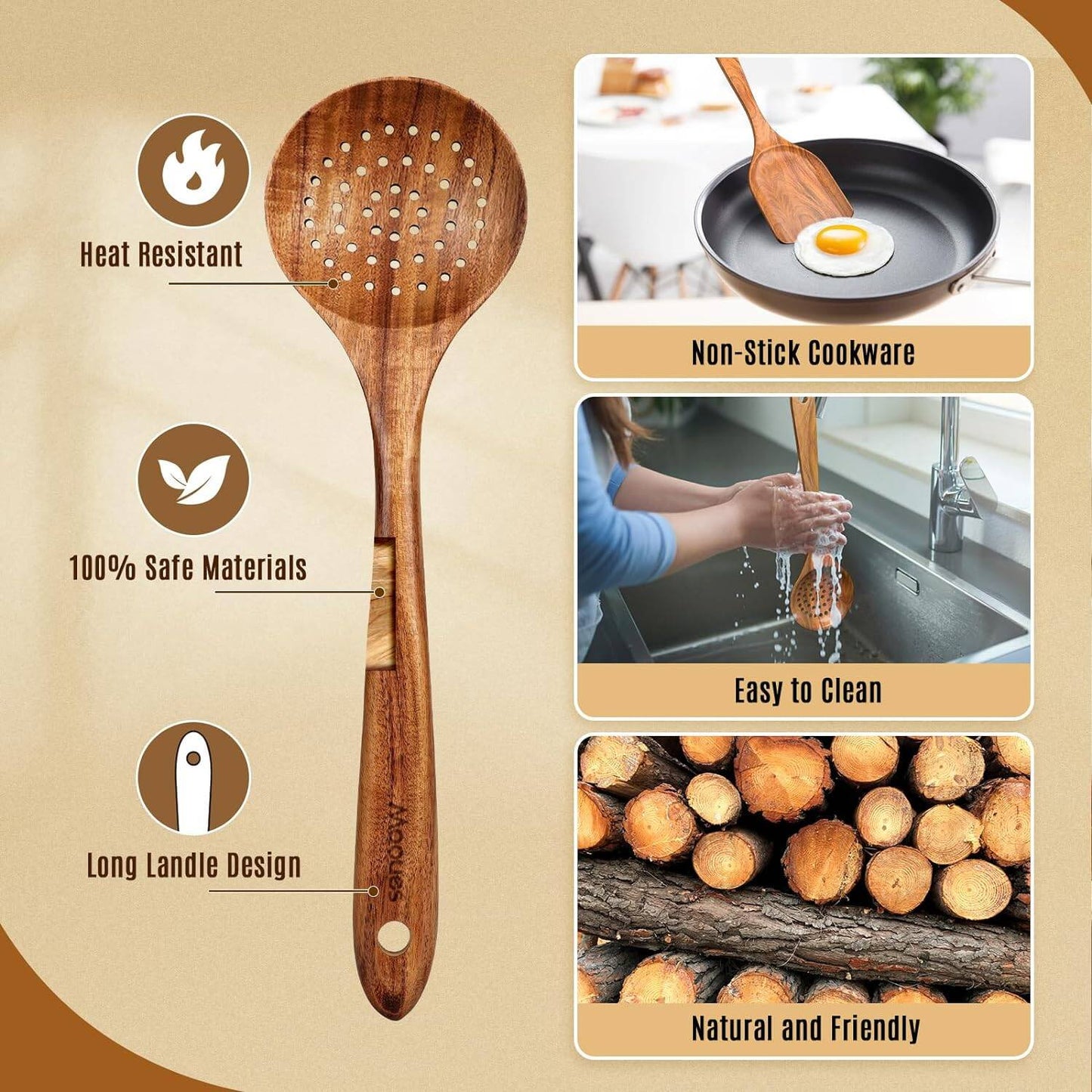 Anoak Wooden Spoons for Cooking - 7pc Wooden Kitchen Utensil Set made of Natural Solid Wood Material - Includes Spoons, Spatulas, Ladles, Strainer Spoon, Salad Fork, Mixing Spoon and Utensil Holder